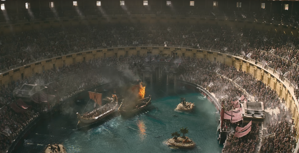 Photo still from Gladiator II or the Colosseum filled with water.