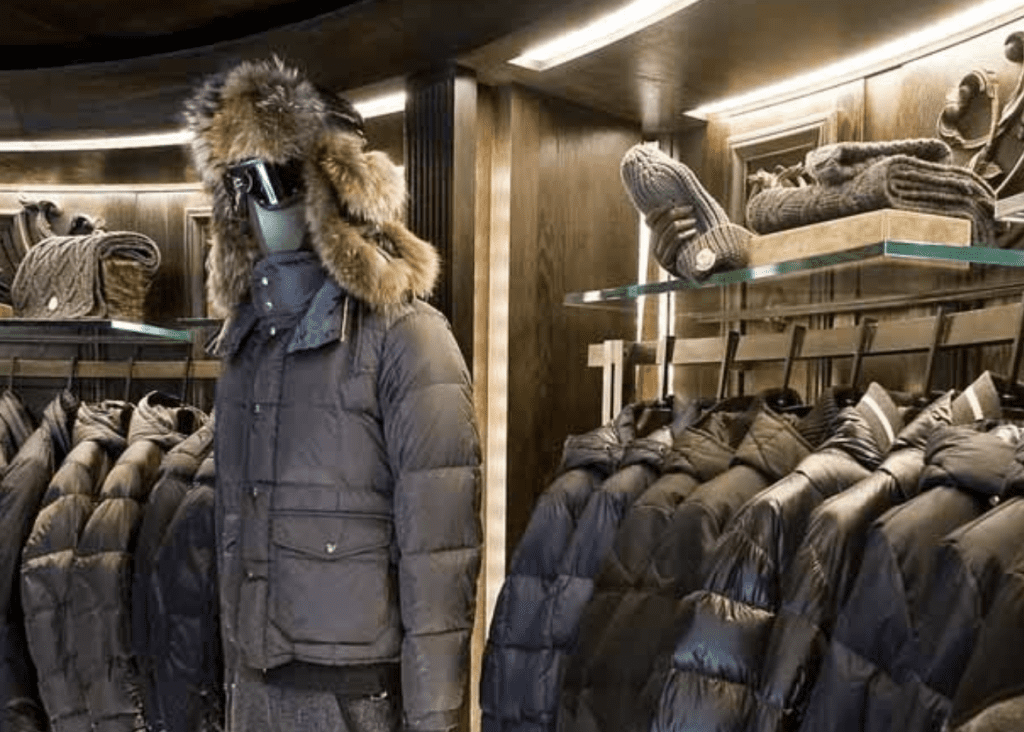 A mannequin wearing a winter coat and fur hat.