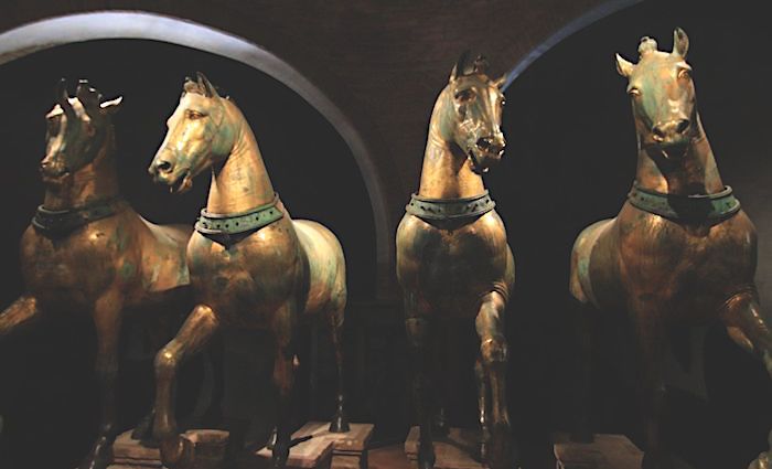 the bronze sculpture of four horses in St. mark's Basilica in venice