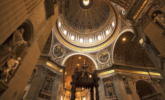 Interior view of the Baldacchino and dome of St. Peter's Basilica.