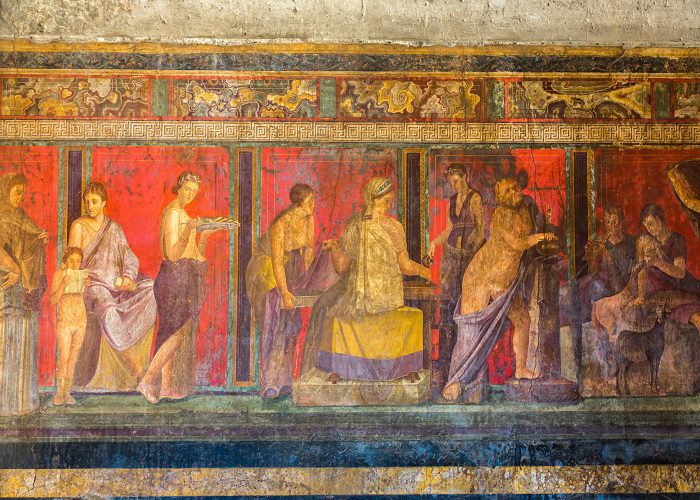 Colorful fresco in the villa dei misteri  in the Pompeii Archaeological  Park.