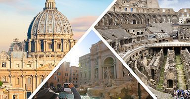 collage of st peters trevi fountain and colosseum