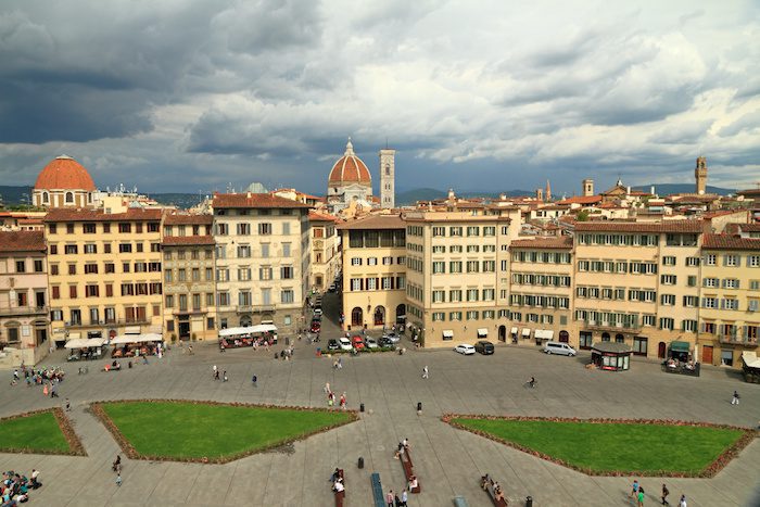 Aerial view of Santa Maria Novella Square and city of Florence, Tuscany