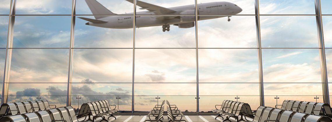 Empty airport interior with airplane leaving