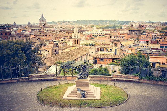 A panoramic view of the ancient city of Rome from Villa Borghese Garden. Rome, Italy