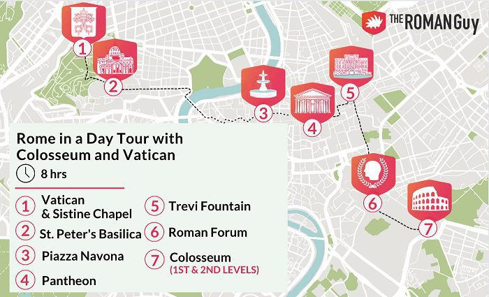 map of rome in a day tour with the tour guy