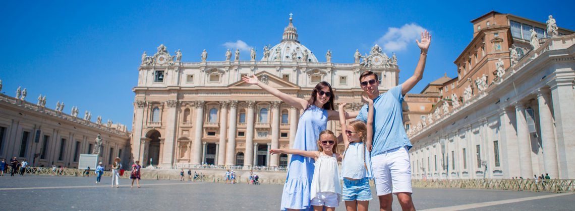 st peter's square with basilica with happy family