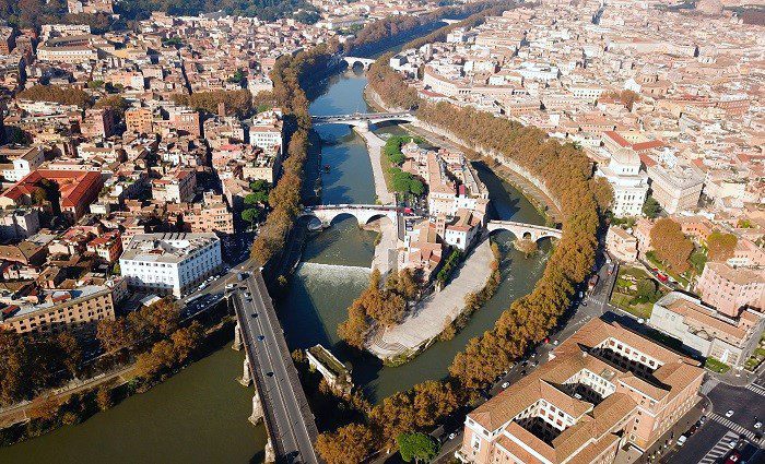 aerial view of Tiber island in Rome