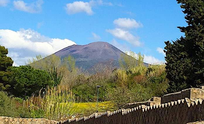 mt. vesuvius looming over the Pompeii Archaeological  Park